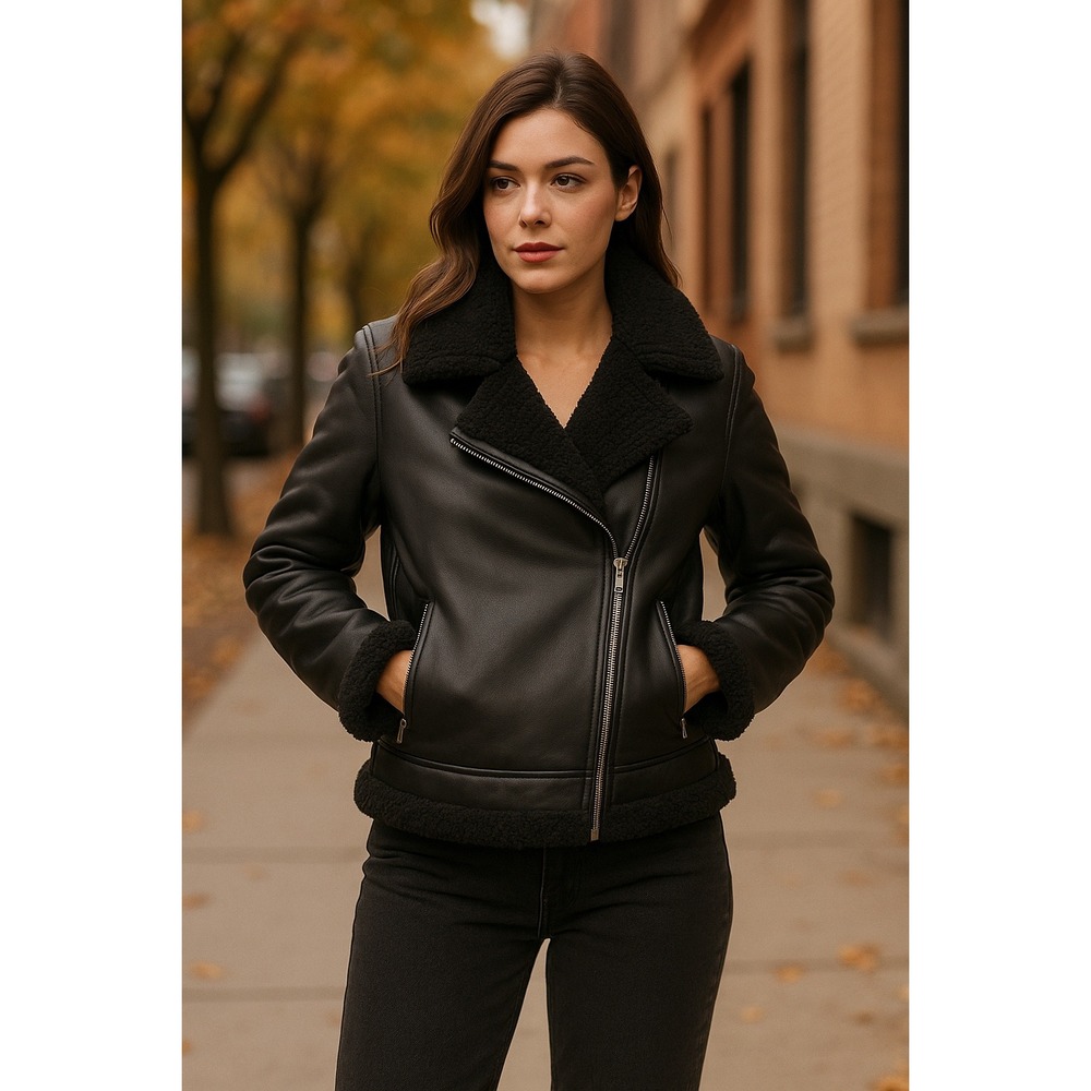 Vigoss Moto Faux Leather Sherpa Trim/Lined Asymmetrical Zipper Moto Jacket M